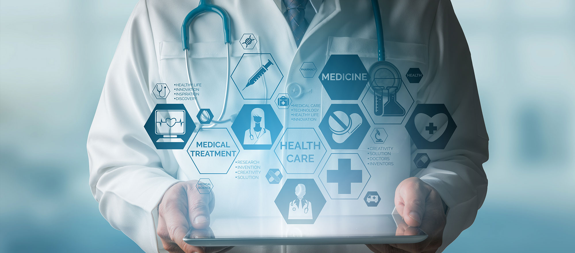 ID: A doctor holding a tablet with medical icons hovering over it on a modern interface, showing a symbol of medical innovation, medical treatment, emergency service, doctoral data, and patient health.